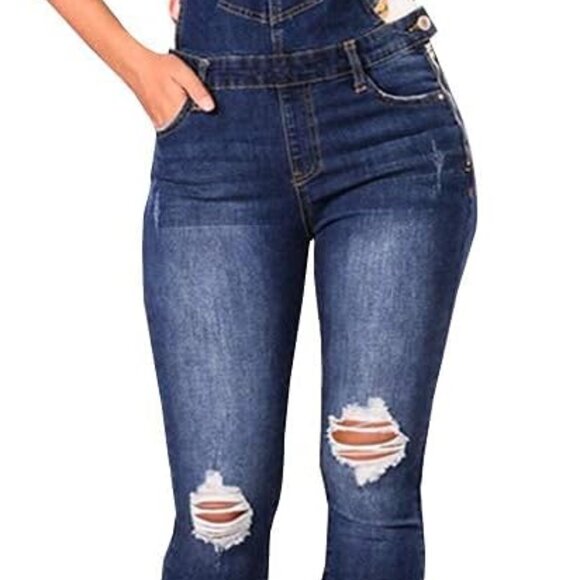 Skinny Ripped Jeans Denim Jumpsuit Overalls For Women